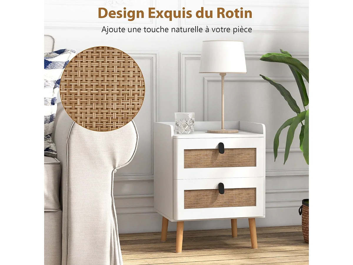 Commode 2 Tiroirs, Table de Chevet avec Pieds en Bois Massif, Poignée Noir Design, Tiroir en Rotin Bohème, Petite Commode Scandinave, Blanc(2 Tiroirs)
