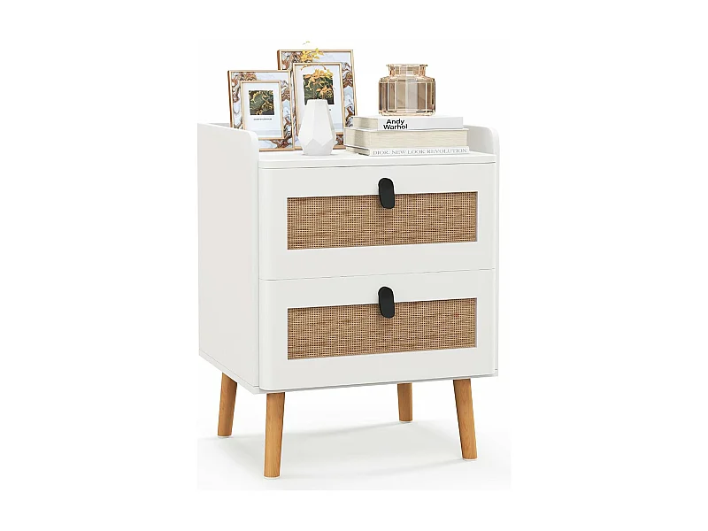 Commode 2 Tiroirs, Table de Chevet avec Pieds en Bois Massif, Poignée Noir Design, Tiroir en Rotin Bohème, Petite Commode Scandinave, Blanc(2 Tiroirs)