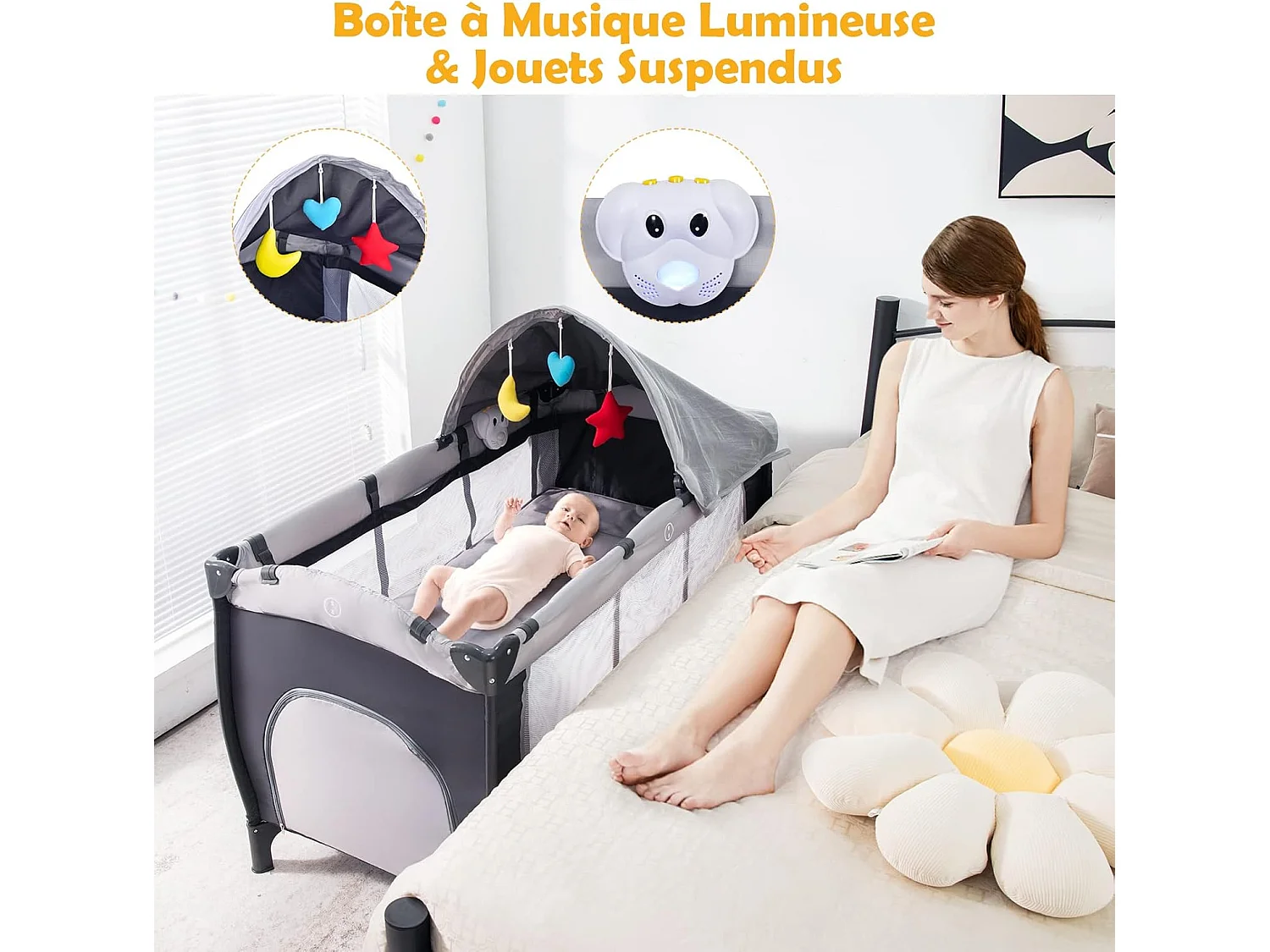 Lit Parapluie Bébé Pliant 4 en 1 Berceau/Table à Langer Parc de Jeux Fonction Basculement avec Matelas,Arc de Jeux Sac Gris