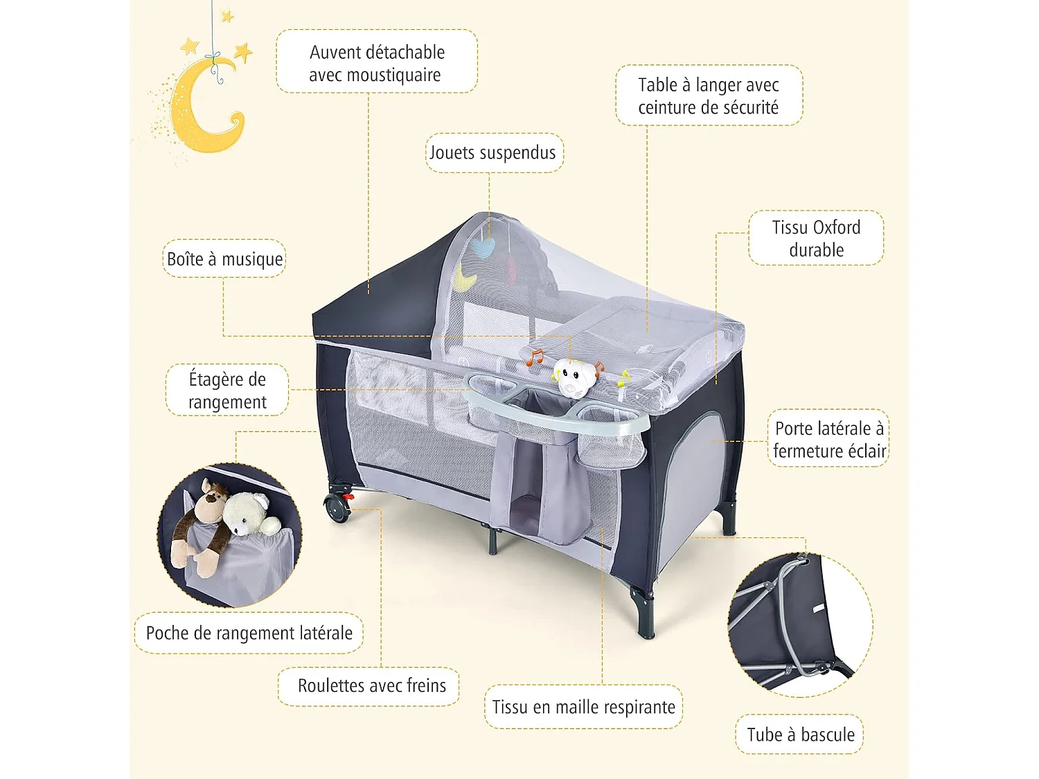 Lit Parapluie Bébé Pliant 4 en 1 Berceau/Table à Langer Parc de Jeux Fonction Basculement avec Matelas,Arc de Jeux Sac Gris