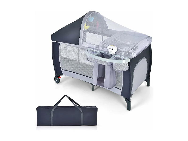 Lit Parapluie Bébé Pliant 4 en 1 Berceau/Table à Langer Parc de Jeux Fonction Basculement avec Matelas,Arc de Jeux Sac Gris