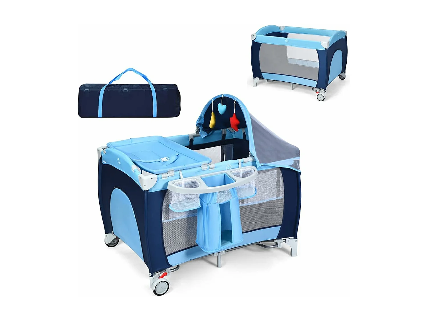 Lit Bébé Parapluie pour Voyage avec Matelas Noir 120 x 60 x 76 cm 2 Etages Moustiquaire+3Jouets+Boîte à Musique avec Lumière