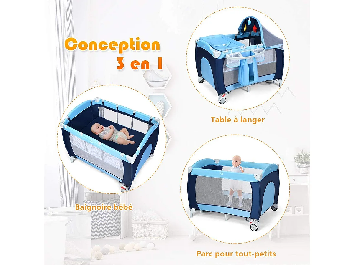 Lit Bébé Parapluie pour Voyage avec Matelas Noir 120 x 60 x 76 cm 2 Etages Moustiquaire+3Jouets+Boîte à Musique avec Lumière