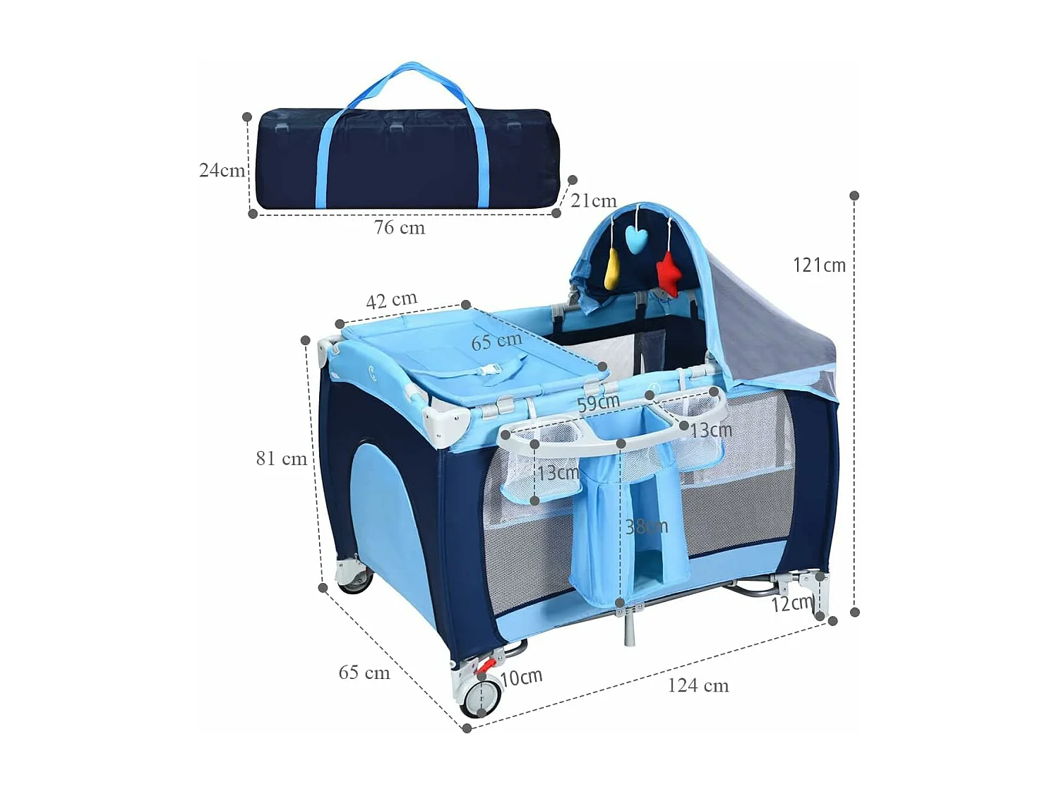 Lit Bébé Parapluie pour Voyage avec Matelas Noir 120 x 60 x 76 cm 2 Etages Moustiquaire+3Jouets+Boîte à Musique avec Lumière