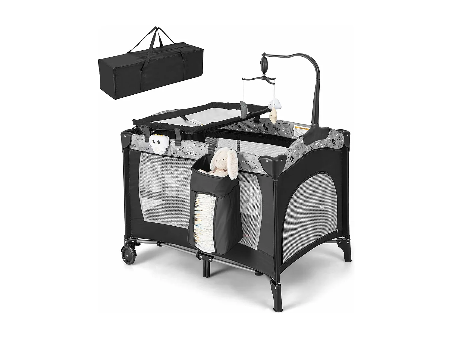 4 en 1 Lit Parapluie Bébé avec Matelas & Table à Langer, Lit Bébé avec 3 Jouets Mignons & Boîte à Musique, Sac de Transport, 102x72cm, Charge 9kg, Gris