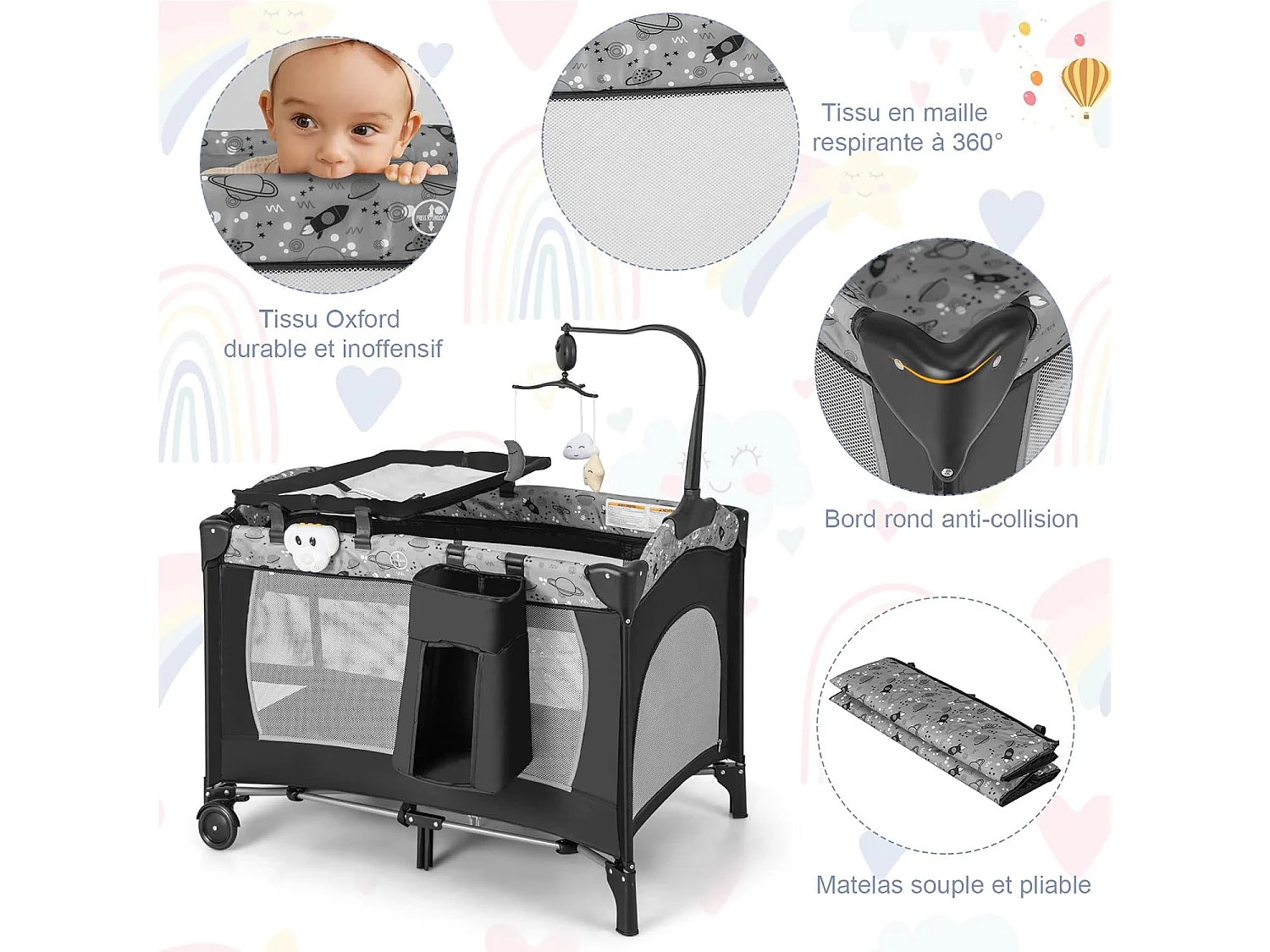 4 en 1 Lit Parapluie Bébé avec Matelas & Table à Langer, Lit Bébé avec 3 Jouets Mignons & Boîte à Musique, Sac de Transport, 102x72cm, Charge 9kg, Gris