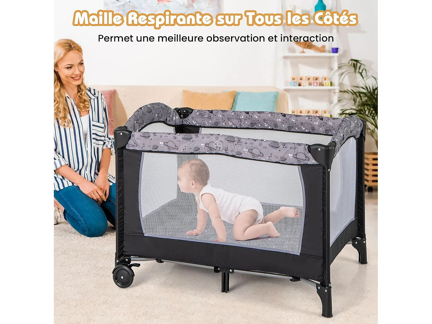 4 en 1 Lit Parapluie Bébé avec Matelas & Table à Langer, Lit Bébé avec 3 Jouets Mignons & Boîte à Musique, Sac de Transport, 102x72cm, Charge 9kg, Gris