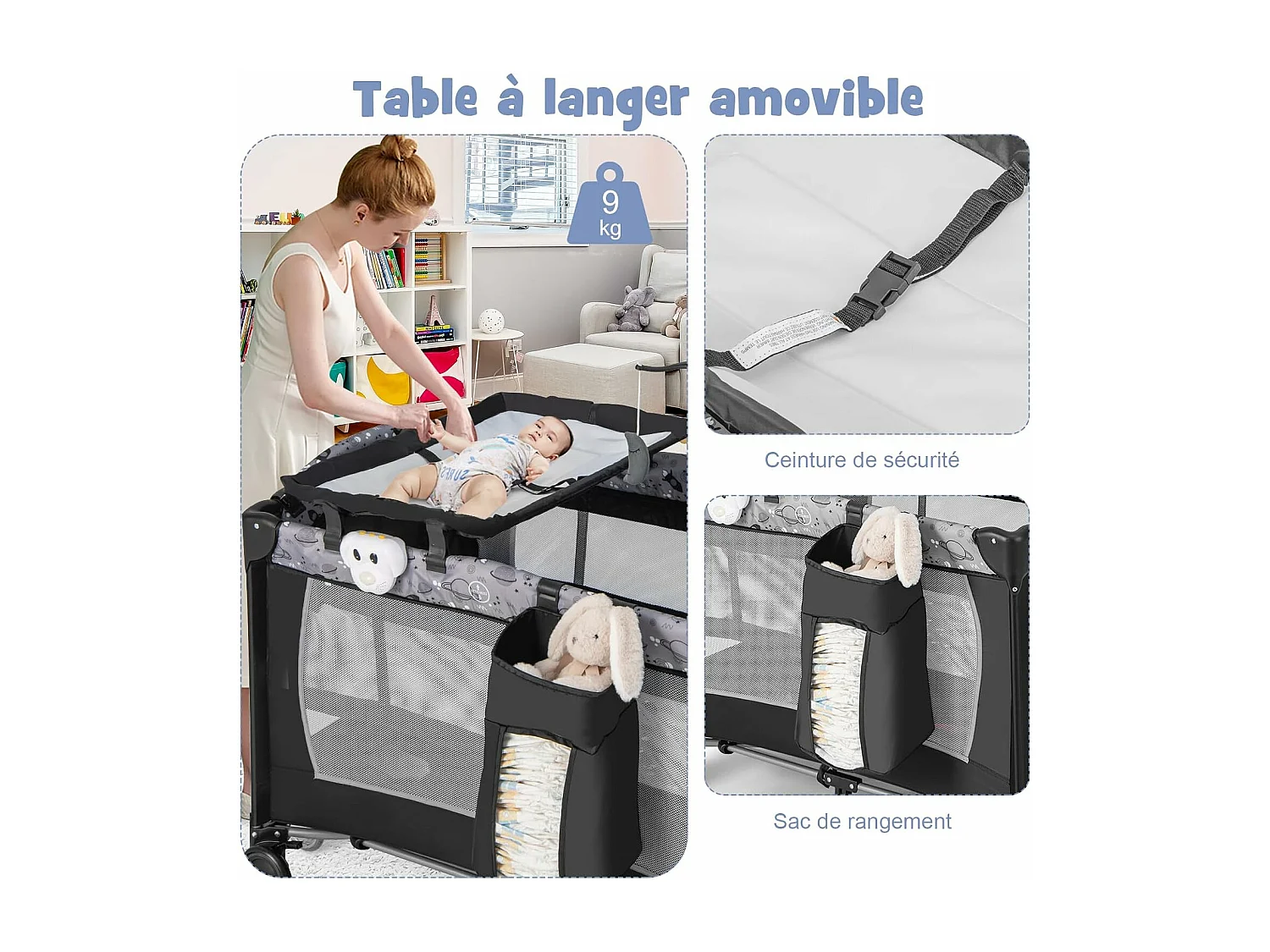 4 en 1 Lit Parapluie Bébé avec Matelas & Table à Langer, Lit Bébé avec 3 Jouets Mignons & Boîte à Musique, Sac de Transport, 102x72cm, Charge 9kg, Gris