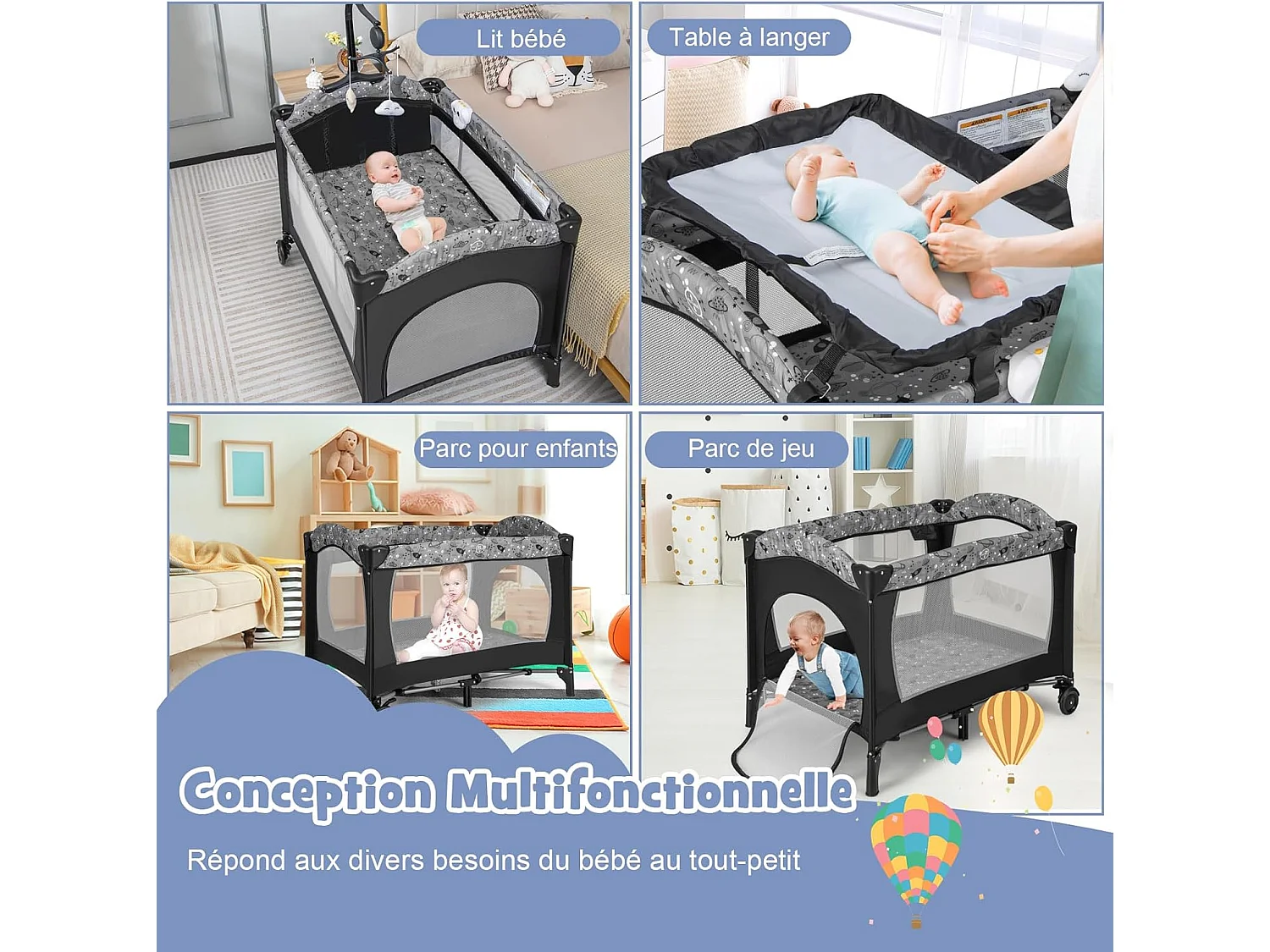 4 en 1 Lit Parapluie Bébé avec Matelas & Table à Langer, Lit Bébé avec 3 Jouets Mignons & Boîte à Musique, Sac de Transport, 102x72cm, Charge 9kg, Gris