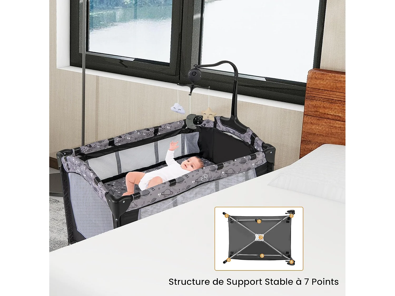 4 en 1 Lit Parapluie Bébé avec Matelas & Table à Langer, Lit Bébé avec 3 Jouets Mignons & Boîte à Musique, Sac de Transport, 102x72cm, Charge 9kg, Gris