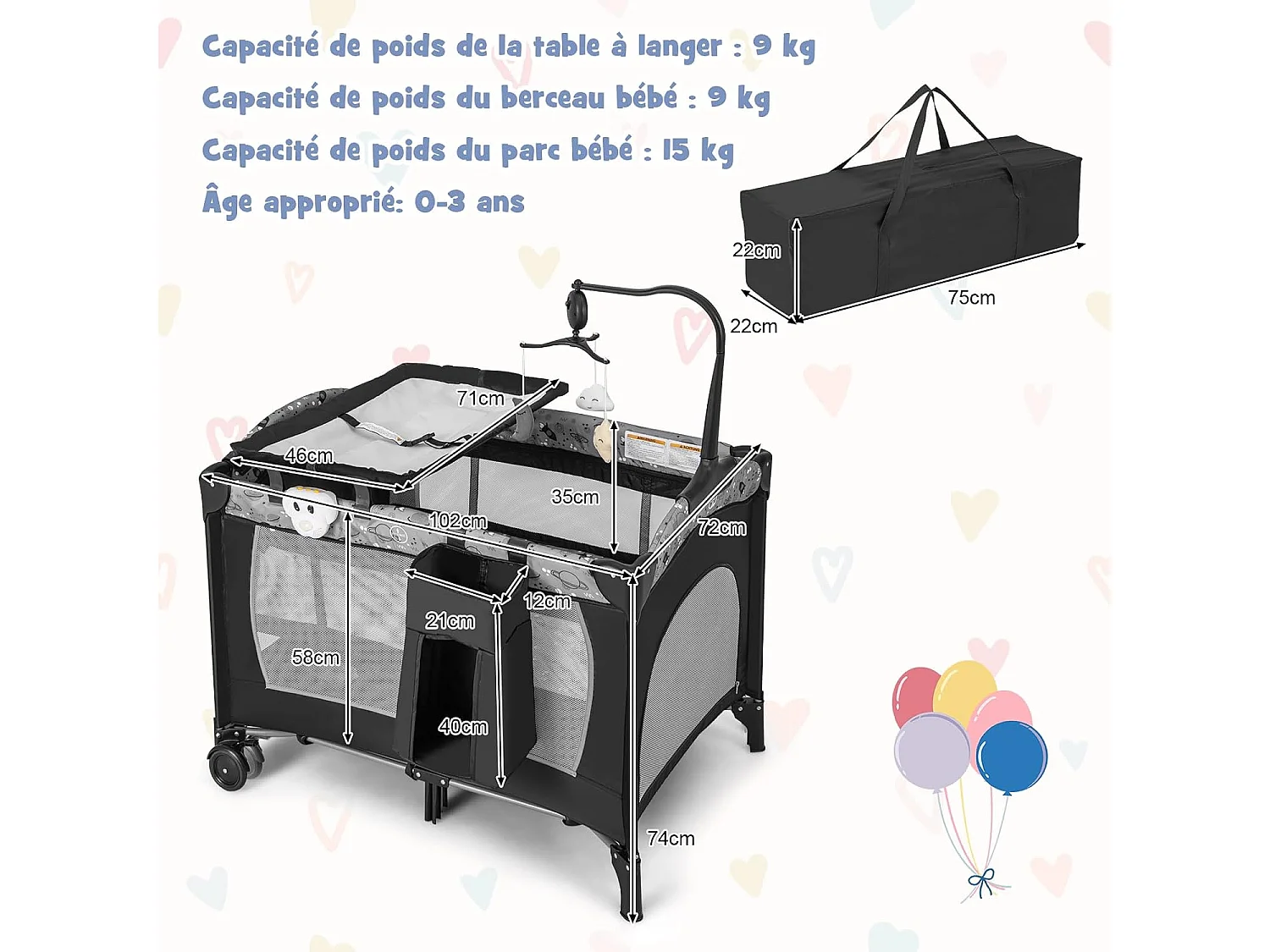 4 en 1 Lit Parapluie Bébé avec Matelas & Table à Langer, Lit Bébé avec 3 Jouets Mignons & Boîte à Musique, Sac de Transport, 102x72cm, Charge 9kg, Gris
