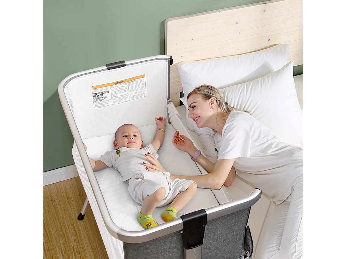 Berceau Cododo Bébé avec Matelas 7 Hauteurs Réglables Espace de Rangement Fenêtre en Maille Respirante 0-36 Mois, Gris Foncé