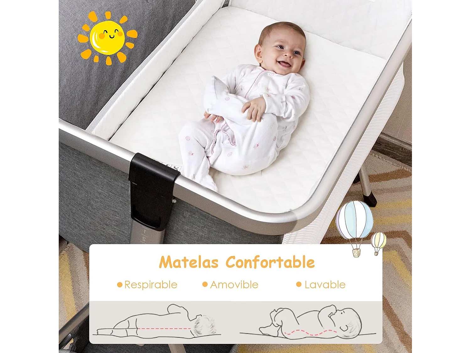 Berceau Cododo Bébé avec Matelas 7 Hauteurs Réglables Espace de Rangement Fenêtre en Maille Respirante 0-36 Mois, Gris Foncé