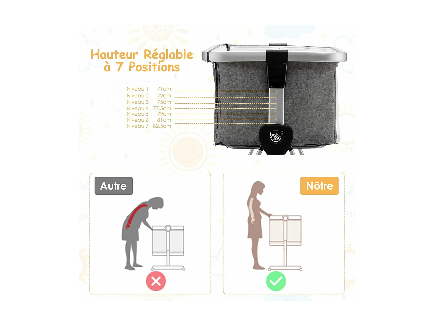 Berceau Cododo Bébé avec Matelas 7 Hauteurs Réglables Espace de Rangement Fenêtre en Maille Respirante 0-36 Mois, Gris Foncé