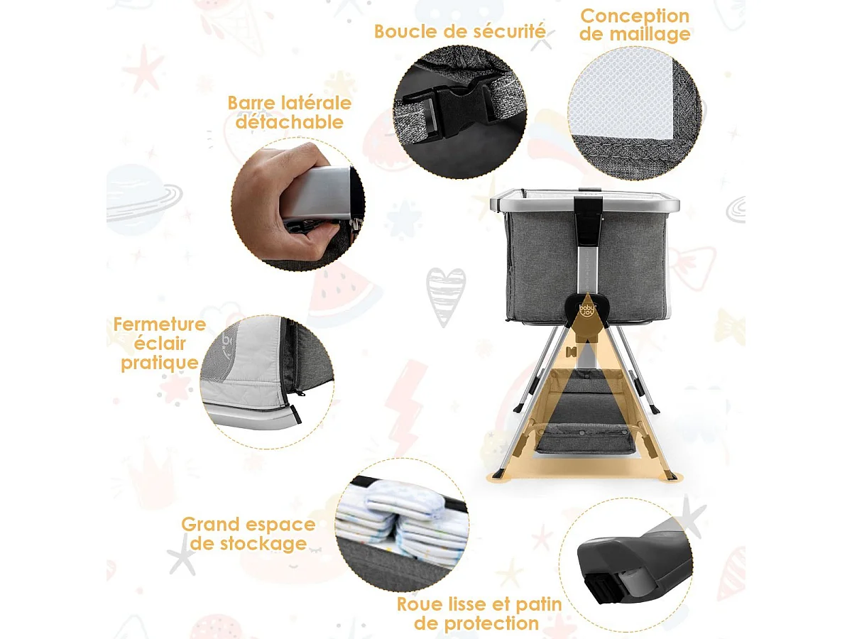 Berceau Cododo Bébé avec Matelas 7 Hauteurs Réglables Espace de Rangement Fenêtre en Maille Respirante 0-36 Mois, Gris Foncé