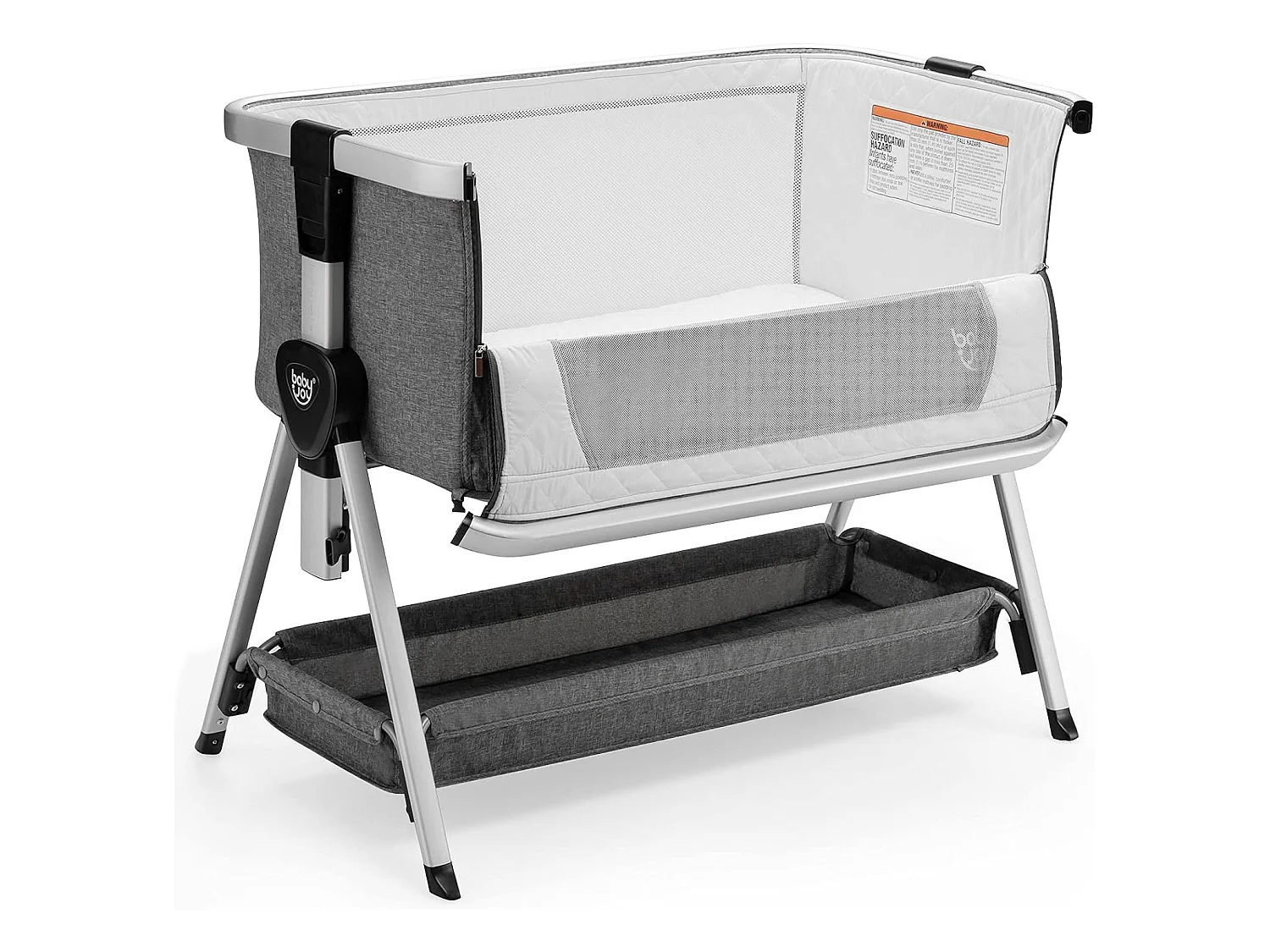 Berceau Cododo Bébé avec Matelas 7 Hauteurs Réglables Espace de Rangement Fenêtre en Maille Respirante 0-36 Mois, Gris Foncé