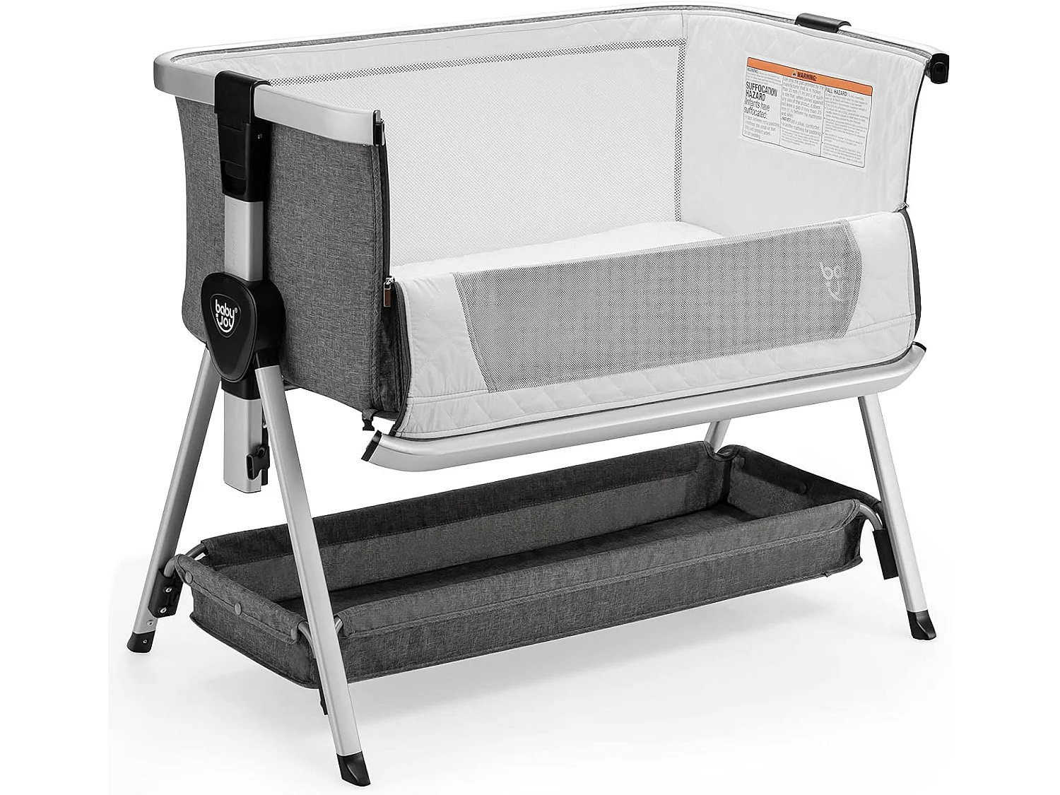 Berceau Cododo Bébé avec Matelas 7 Hauteurs Réglables Espace de Rangement Fenêtre en Maille Respirante 0-36 Mois, Gris Foncé