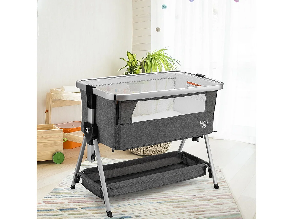 Berceau Cododo Bébé avec Matelas 7 Hauteurs Réglables Espace de Rangement Fenêtre en Maille Respirante 0-36 Mois, Gris Foncé