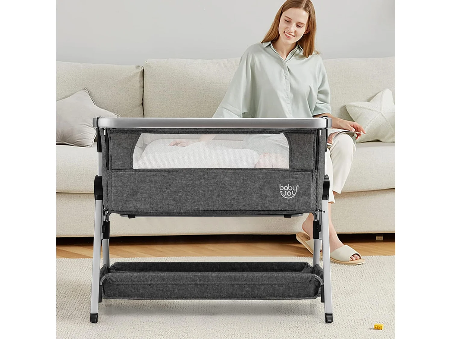 Berceau Cododo Bébé avec Matelas 7 Hauteurs Réglables Espace de Rangement Fenêtre en Maille Respirante 0-36 Mois, Gris Foncé