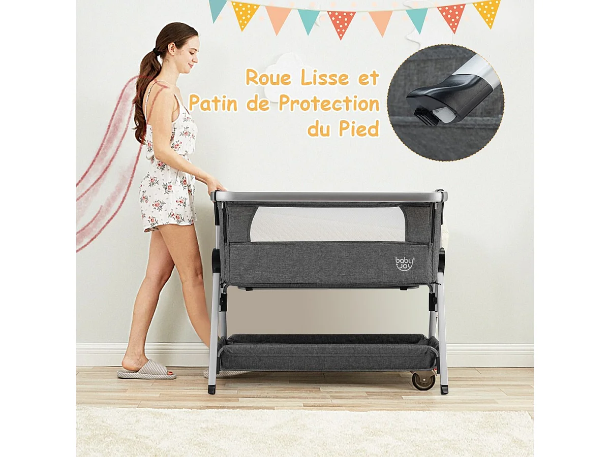 Berceau Cododo Bébé avec Matelas 7 Hauteurs Réglables Espace de Rangement Fenêtre en Maille Respirante 0-36 Mois, Gris Foncé