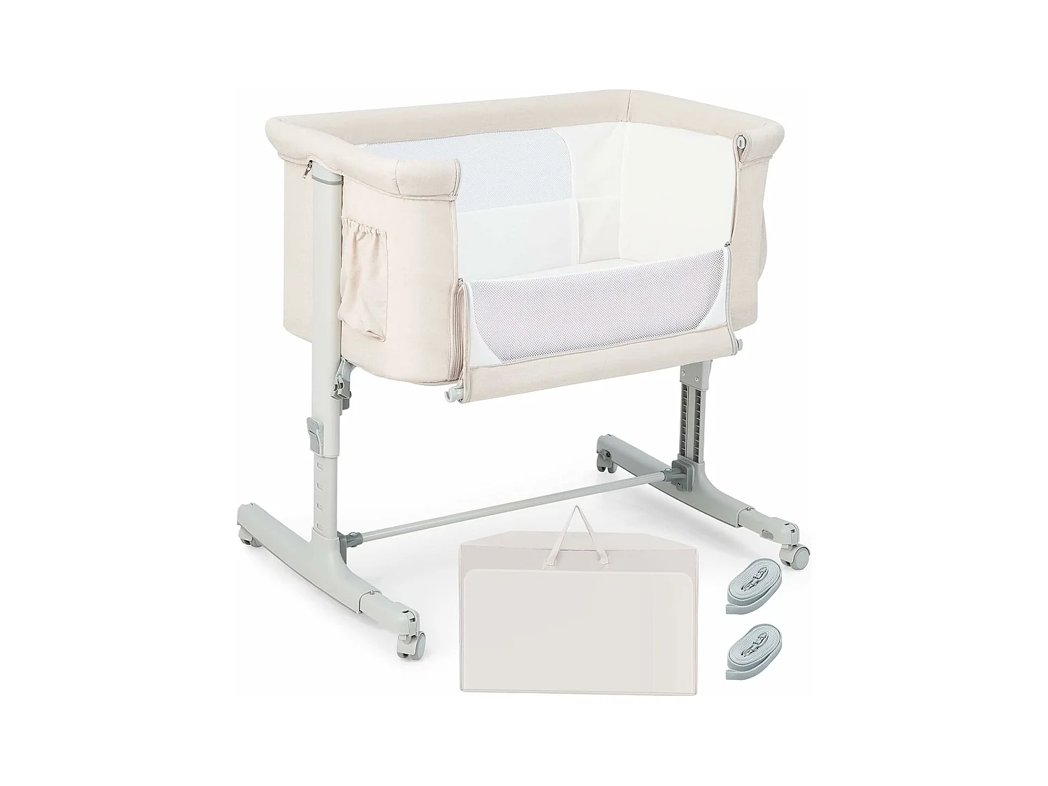 Lit Cododo Bébé 3 en 1 avec Hauteur Réglable 5 Niveaux, Lit Berceau Inclinaison de 10° avec Matelas Confortable,Maille Respirante,Charge 9KG,Sac de Voyage pour Bébé 0-5 Mois, Beige