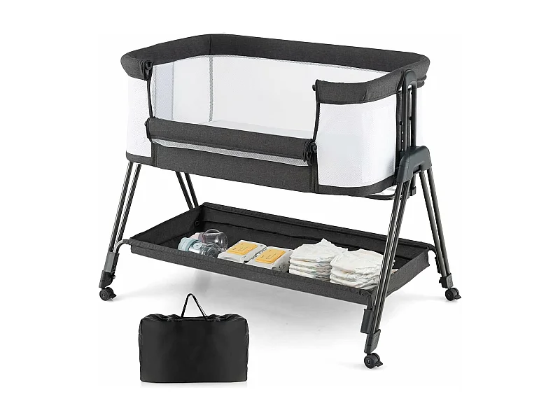 Lit Cododo Berceau Bébé avec Matelas, 4 Roues Verrouillables, Sangles AttachéEtagère de Rangement, 7 Hauteurs Réglables, 9kg