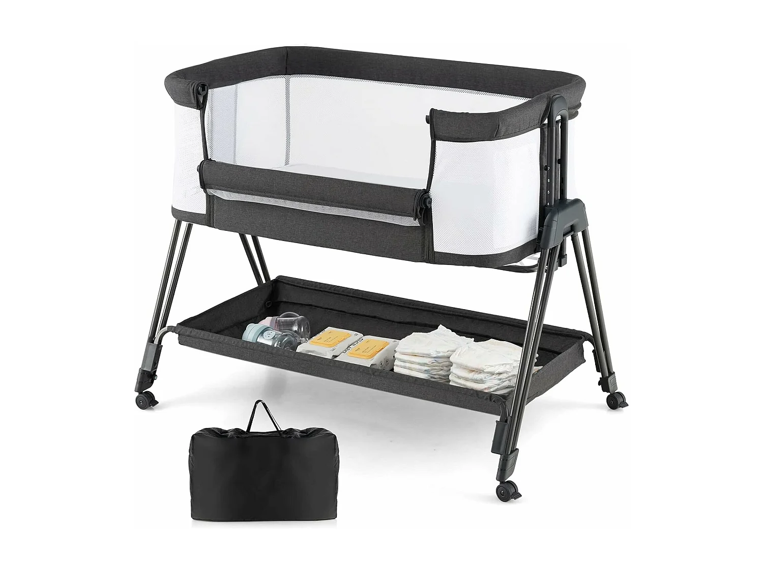 Lit Cododo Berceau Bébé avec Matelas, 4 Roues Verrouillables, Sangles AttachéEtagère de Rangement, 7 Hauteurs Réglables, 9kg