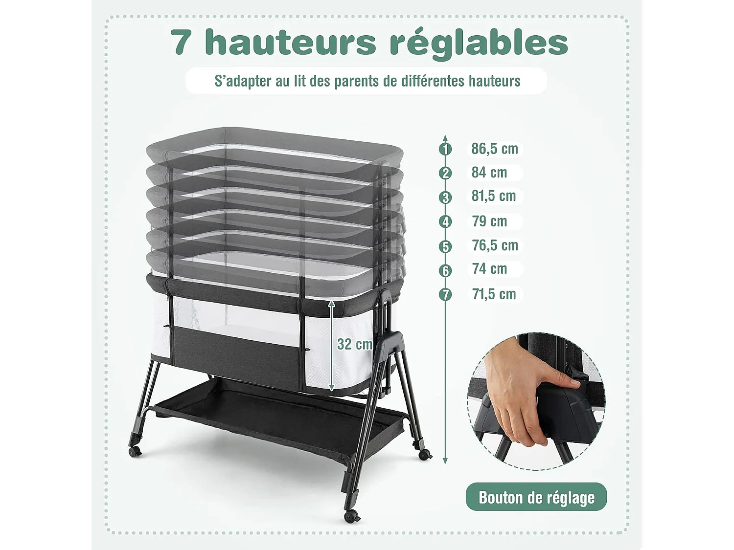 Lit Cododo Berceau Bébé avec Matelas, 4 Roues Verrouillables, Sangles AttachéEtagère de Rangement, 7 Hauteurs Réglables, 9kg