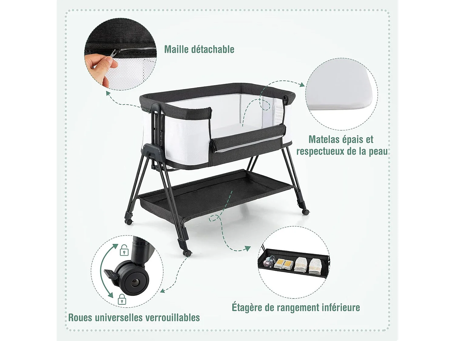 Lit Cododo Berceau Bébé avec Matelas, 4 Roues Verrouillables, Sangles AttachéEtagère de Rangement, 7 Hauteurs Réglables, 9kg