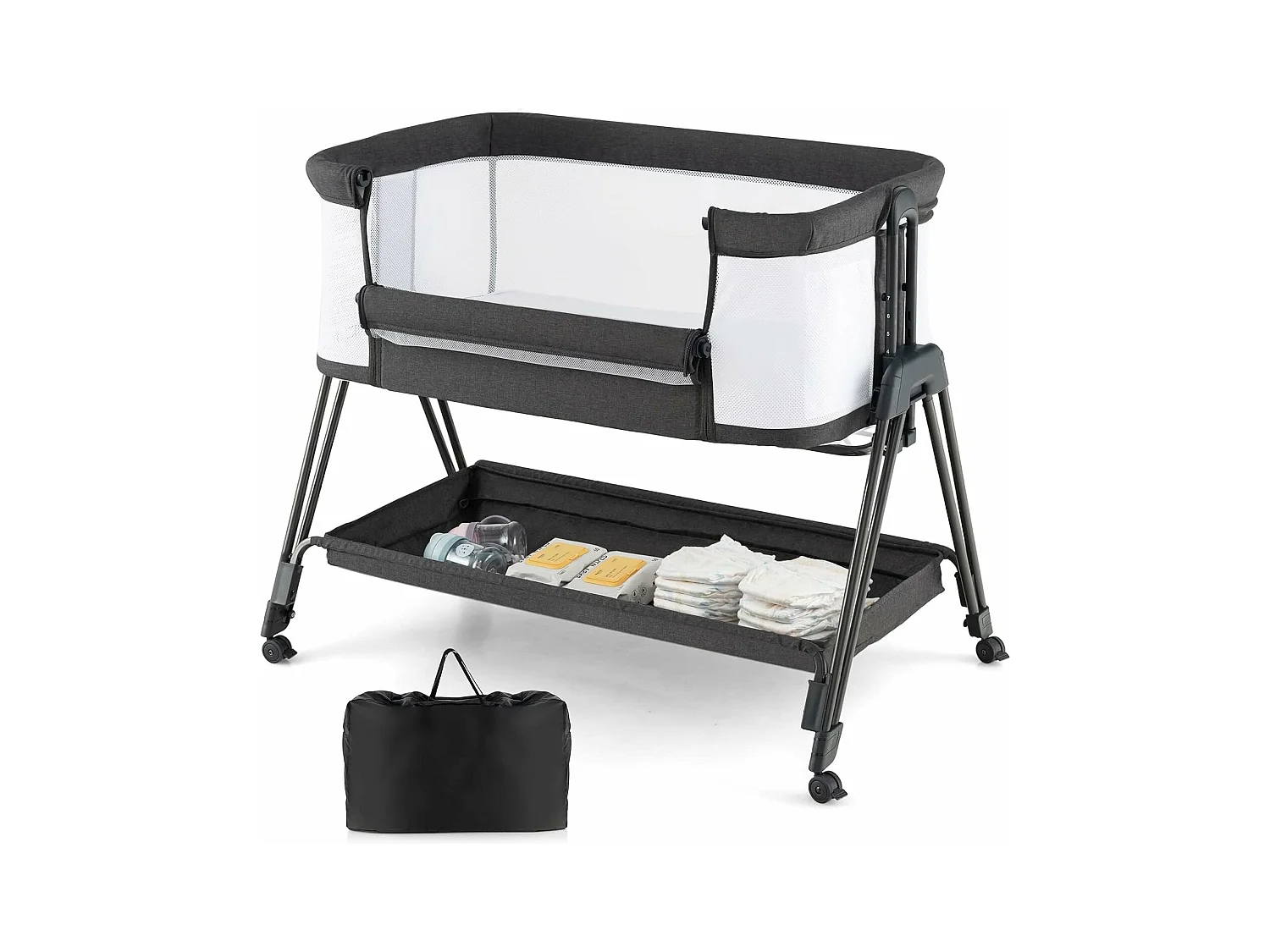 Lit Cododo Berceau Bébé avec Matelas, 4 Roues Verrouillables, Sangles AttachéEtagère de Rangement, 7 Hauteurs Réglables, 9kg