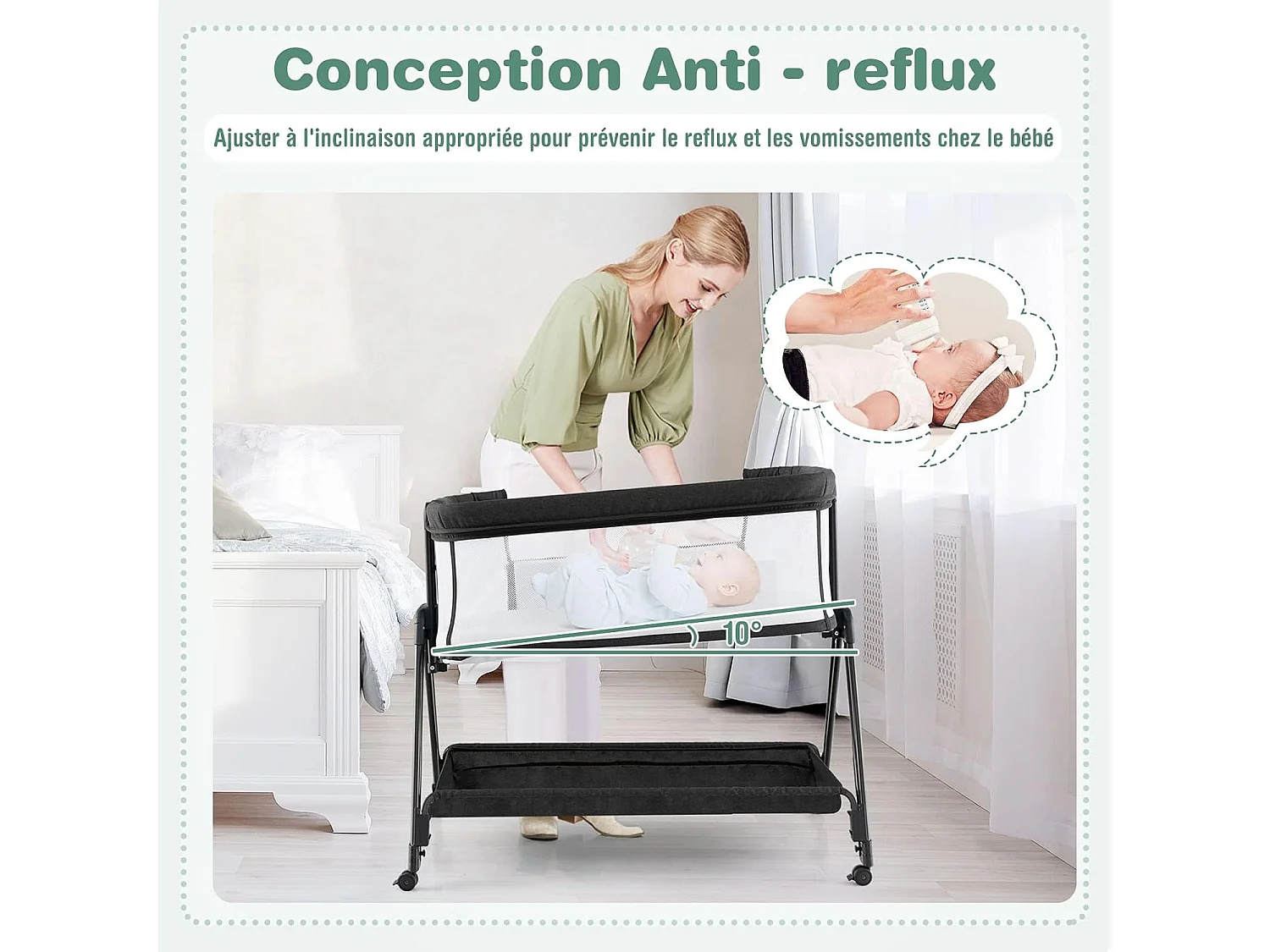 Lit Cododo Berceau Bébé avec Matelas, 4 Roues Verrouillables, Sangles AttachéEtagère de Rangement, 7 Hauteurs Réglables, 9kg