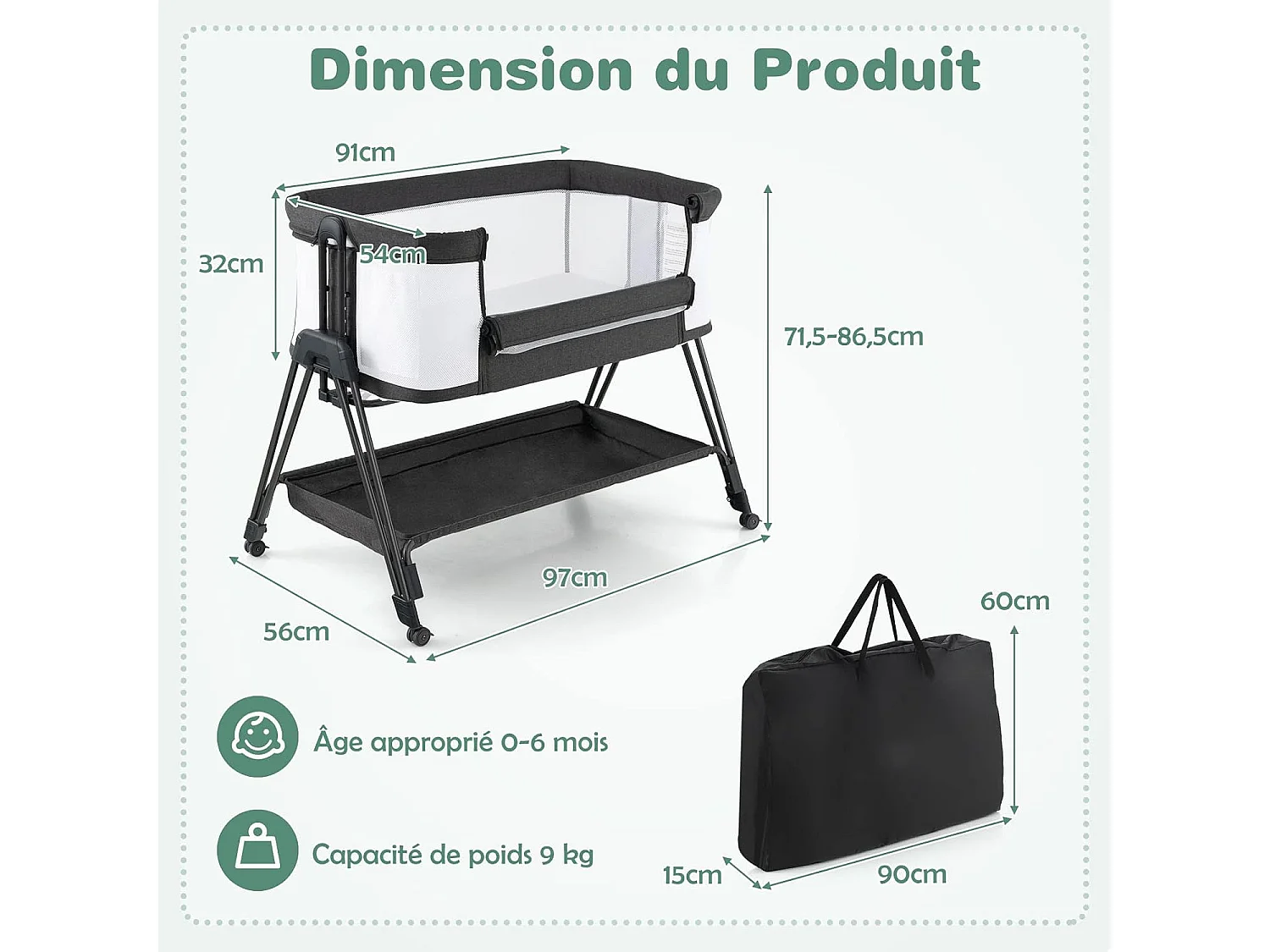 Lit Cododo Berceau Bébé avec Matelas, 4 Roues Verrouillables, Sangles AttachéEtagère de Rangement, 7 Hauteurs Réglables, 9kg