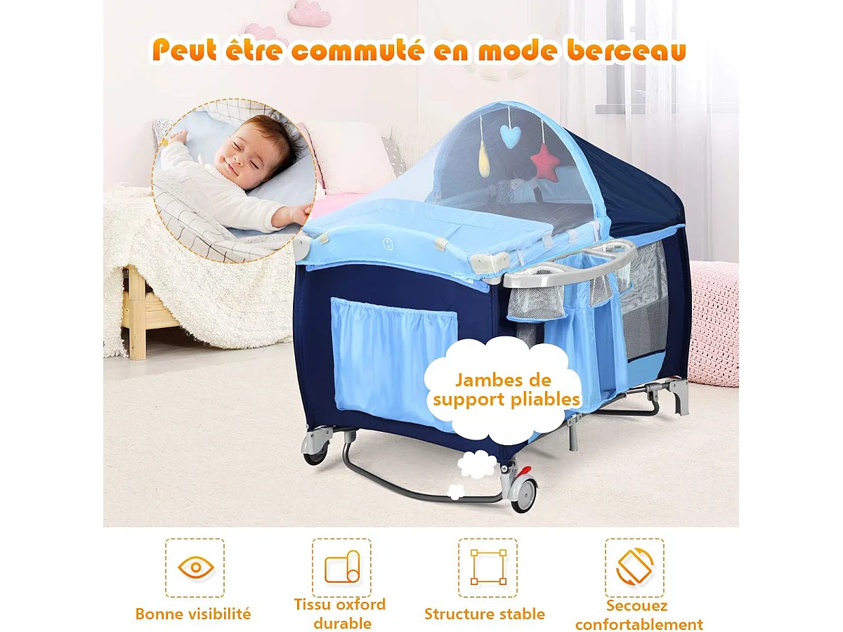 Lit Bébé Parapluie pour Voyage avec Matelas Bleu 120 x 60 x 76 cm 2 Etages Moustiquaire+3Jouets+Boîte à Musique