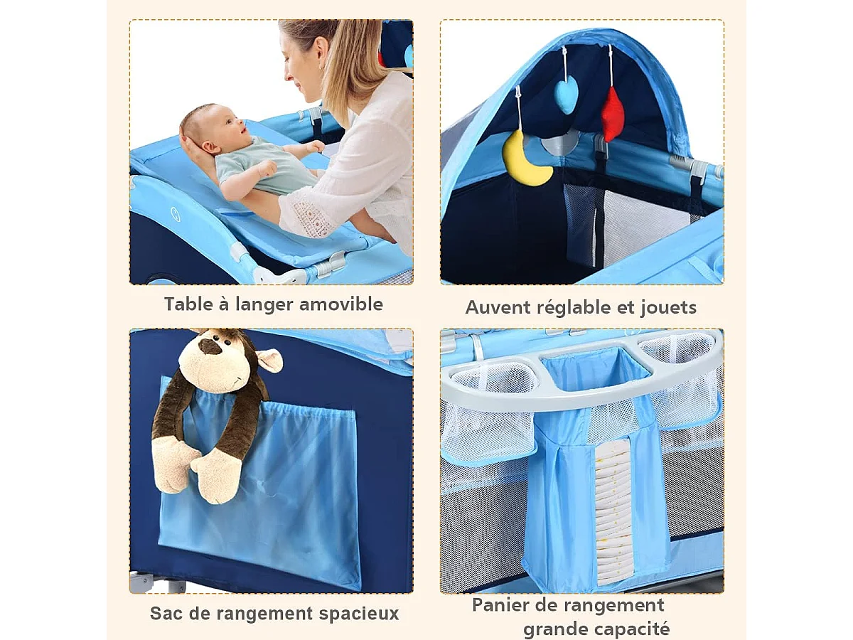 Lit Bébé Parapluie pour Voyage avec Matelas Bleu 120 x 60 x 76 cm 2 Etages Moustiquaire+3Jouets+Boîte à Musique
