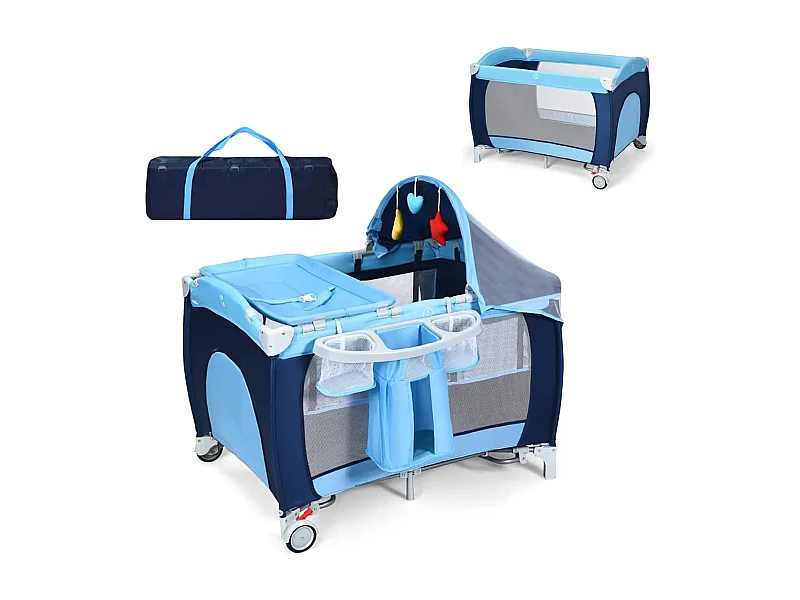 Lit Bébé Parapluie pour Voyage avec Matelas Bleu 120 x 60 x 76 cm 2 Etages Moustiquaire+3Jouets+Boîte à Musique