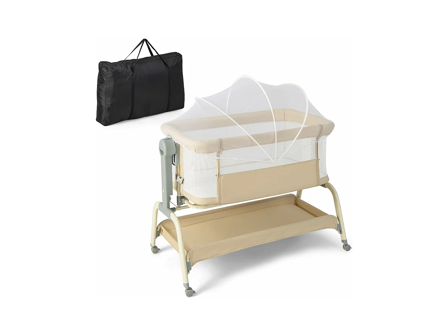 4 en 1 Lit Cododo Bébé avec Matelas Doux & Filet, Berceau Bébé Evolutif avec 6 Hauteurs Réglables, Inclinaison Réglable, 4 roulettes Verrouillables, Lit de Voyage 0-6 Mois, Charge 9kg (Beige)