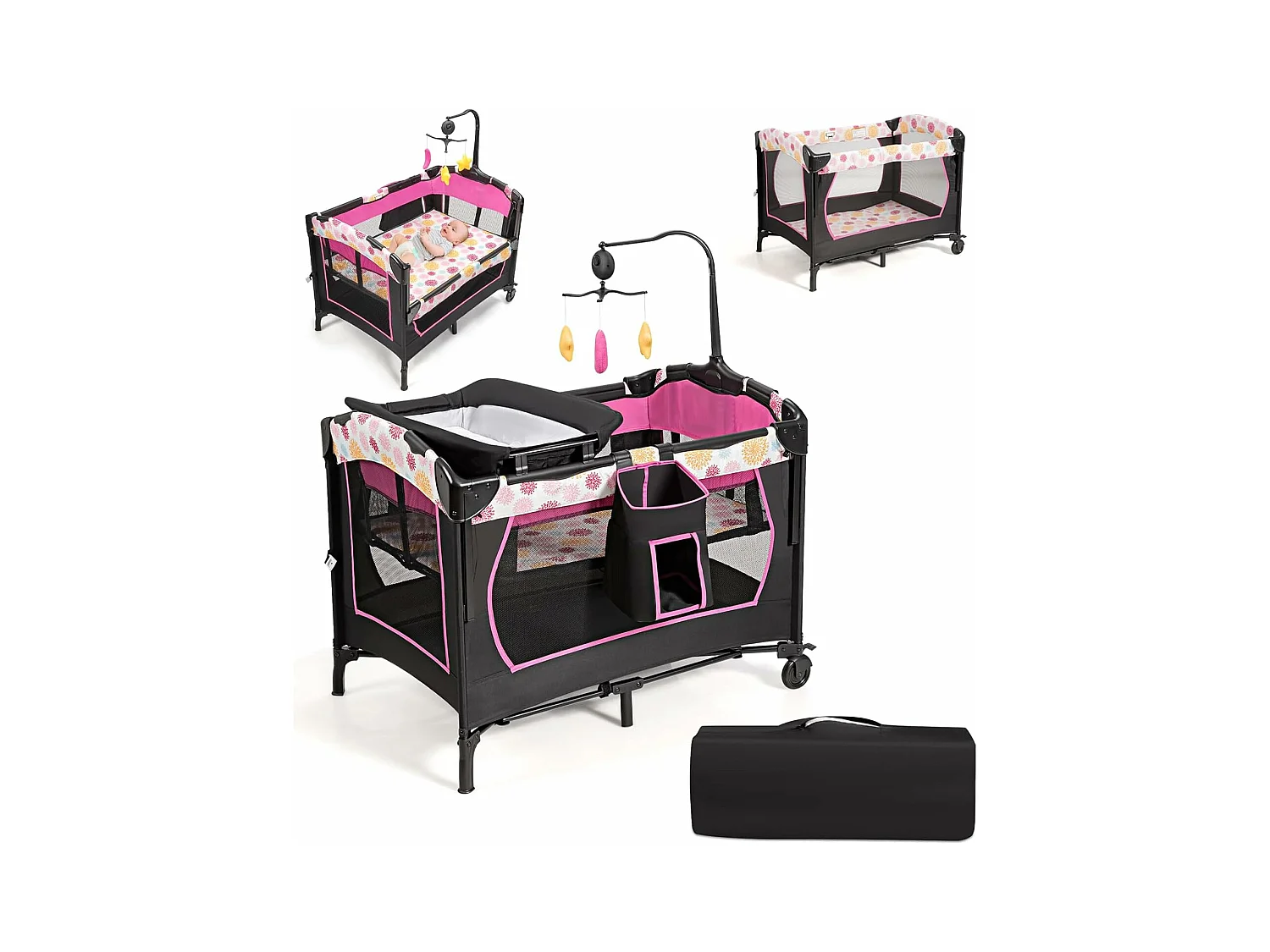 3 en 1 Lit Parapluie pour Bébé avec Arceau de Jeu en Tissu Oxford avec Centre Musical et Table à Langer pour Bébé 0-36 Mois Hauteur Réglable