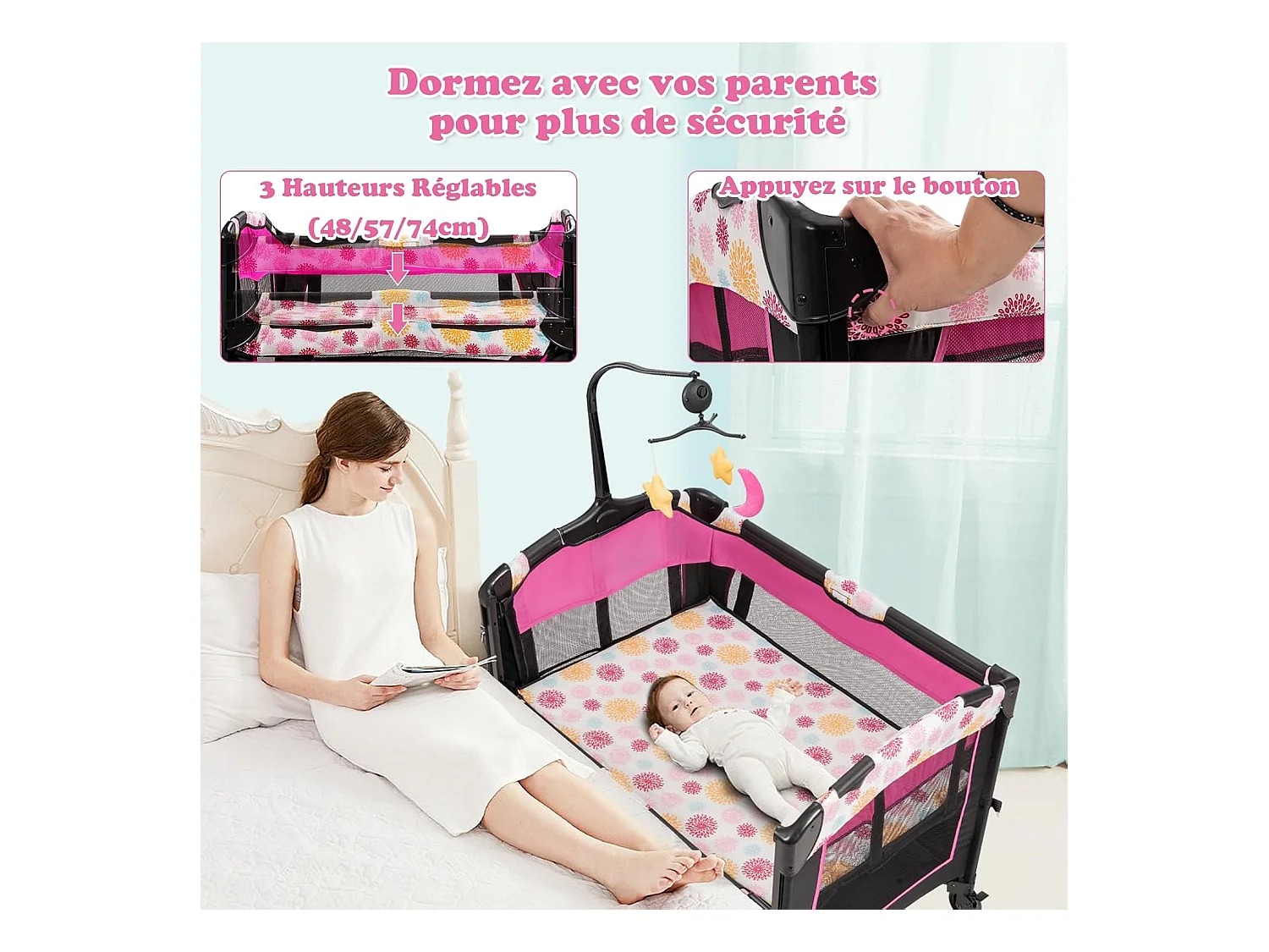 3 en 1 Lit Parapluie pour Bébé avec Arceau de Jeu en Tissu Oxford avec Centre Musical et Table à Langer pour Bébé 0-36 Mois Hauteur Réglable