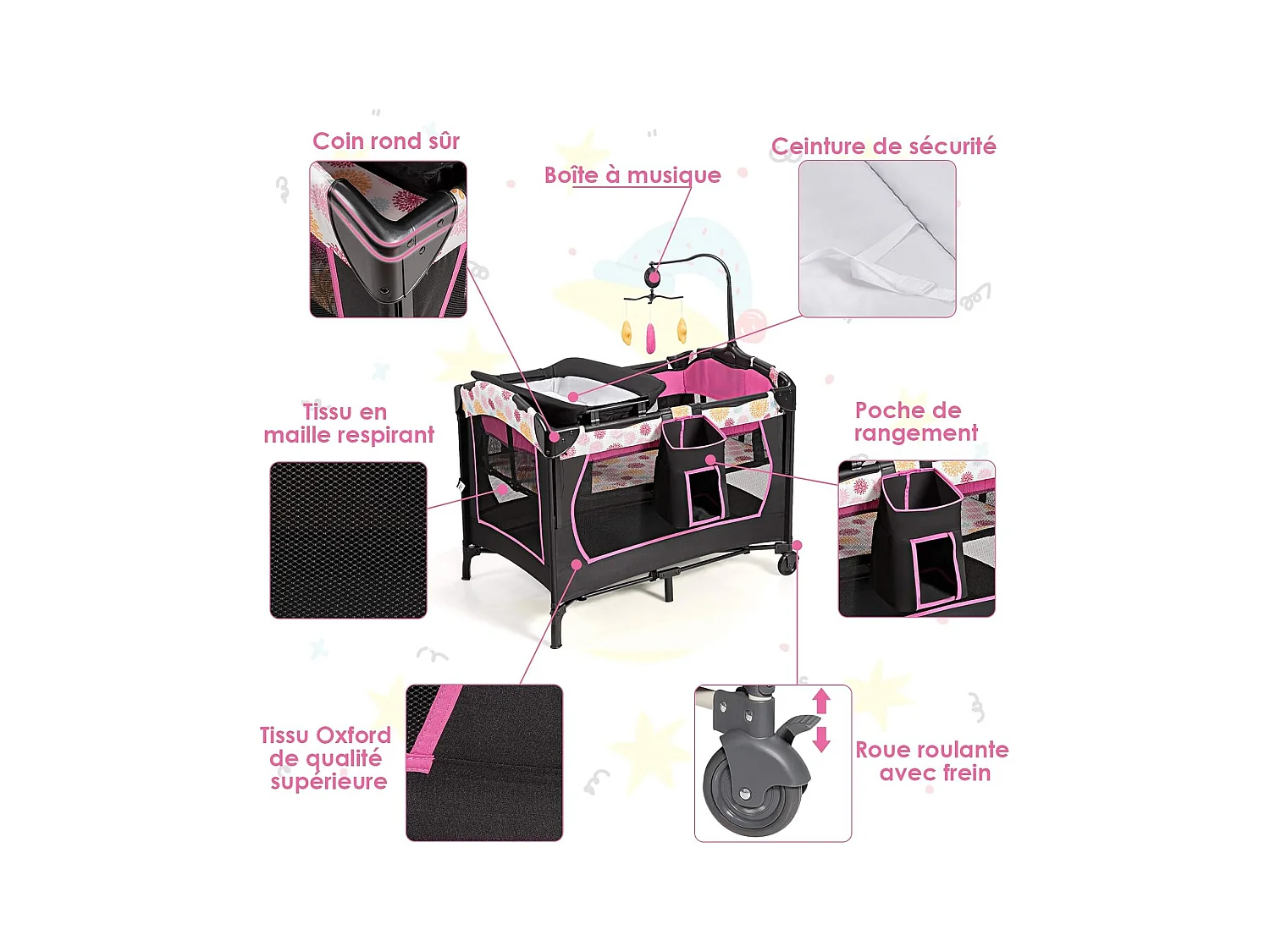 3 en 1 Lit Parapluie pour Bébé avec Arceau de Jeu en Tissu Oxford avec Centre Musical et Table à Langer pour Bébé 0-36 Mois Hauteur Réglable