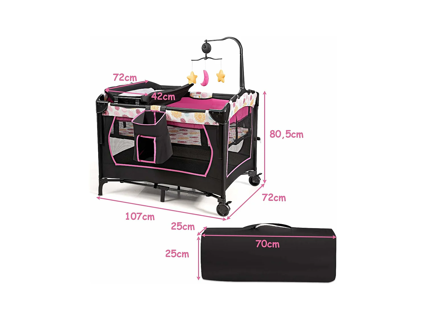 3 en 1 Lit Parapluie pour Bébé avec Arceau de Jeu en Tissu Oxford avec Centre Musical et Table à Langer pour Bébé 0-36 Mois Hauteur Réglable