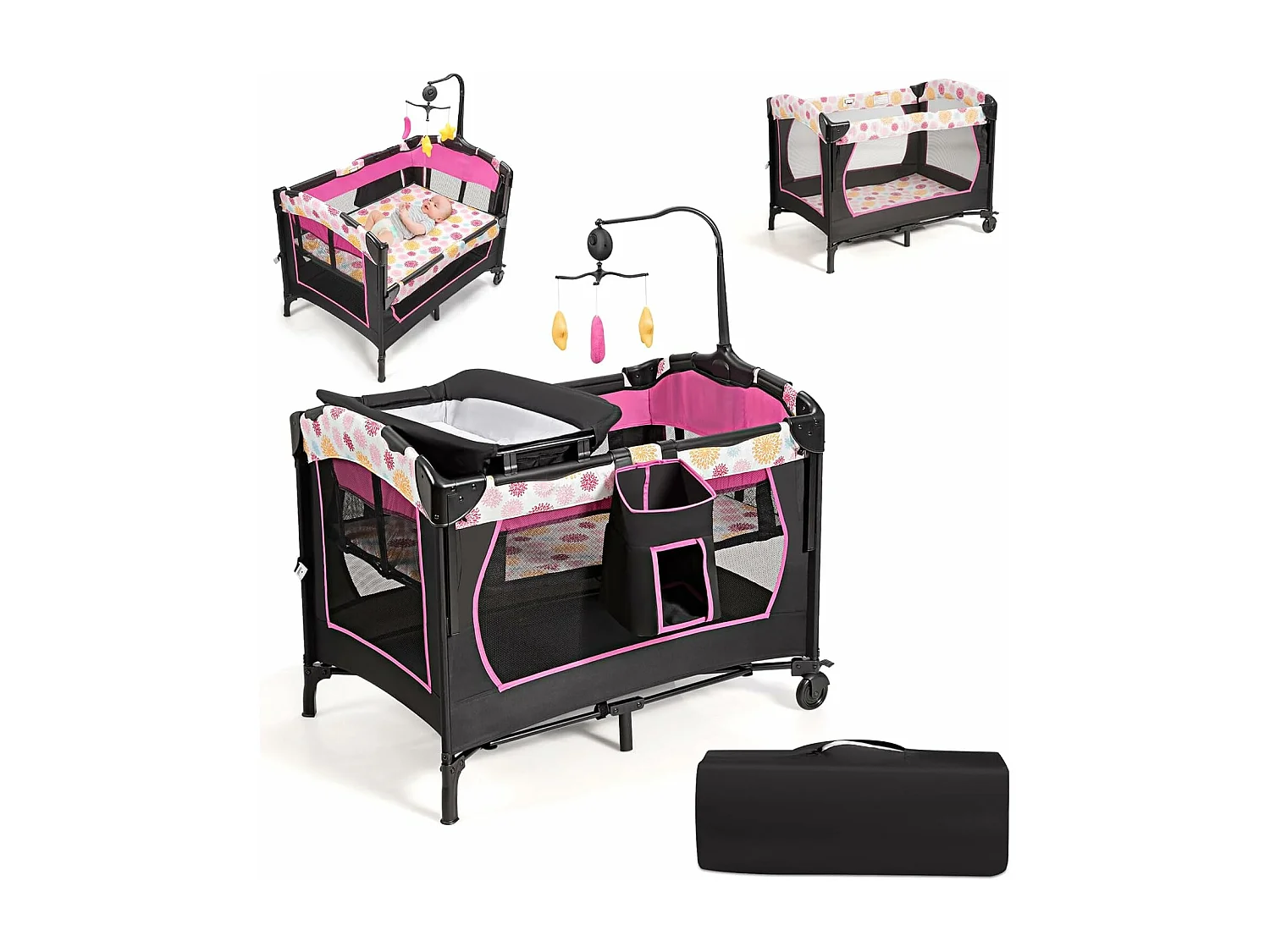 3 en 1 Lit Parapluie pour Bébé avec Arceau de Jeu en Tissu Oxford avec Centre Musical et Table à Langer pour Bébé 0-36 Mois Hauteur Réglable