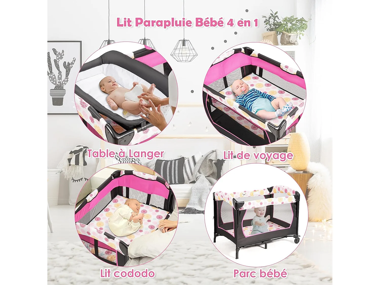 3 en 1 Lit Parapluie pour Bébé avec Arceau de Jeu en Tissu Oxford avec Centre Musical et Table à Langer pour Bébé 0-36 Mois Hauteur Réglable