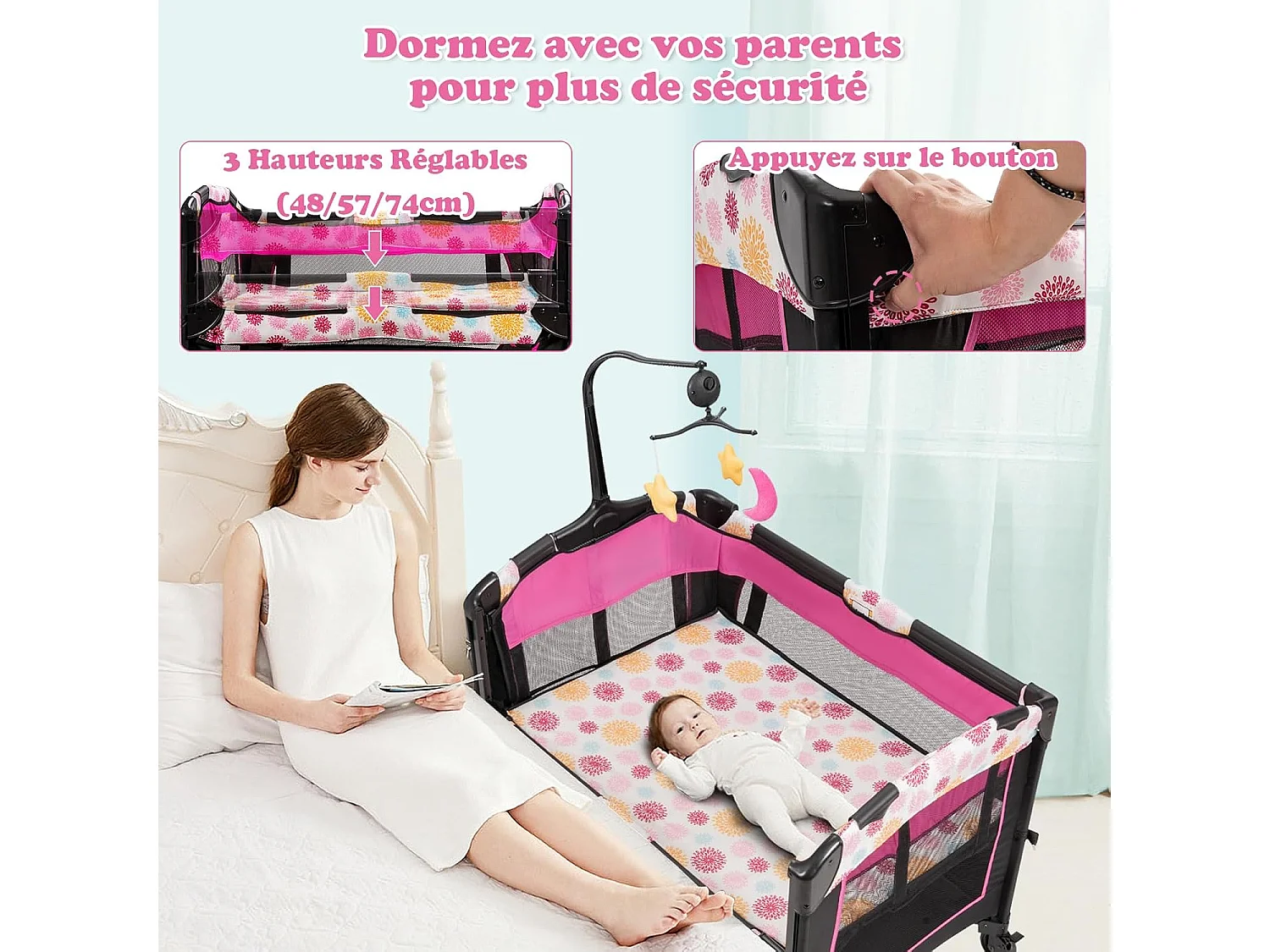 3 en 1 Lit Parapluie pour Bébé avec Arceau de Jeu en Tissu Oxford avec Centre Musical et Table à Langer pour Bébé 0-36 Mois Hauteur Réglable