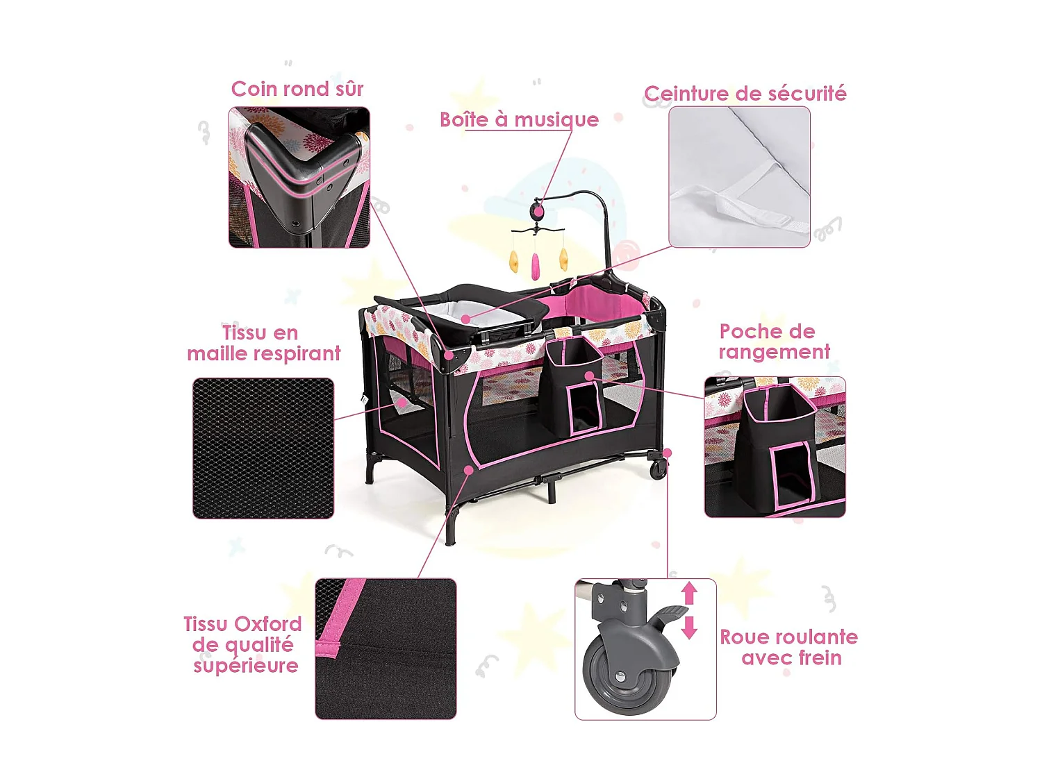 3 en 1 Lit Parapluie pour Bébé avec Arceau de Jeu en Tissu Oxford avec Centre Musical et Table à Langer pour Bébé 0-36 Mois Hauteur Réglable