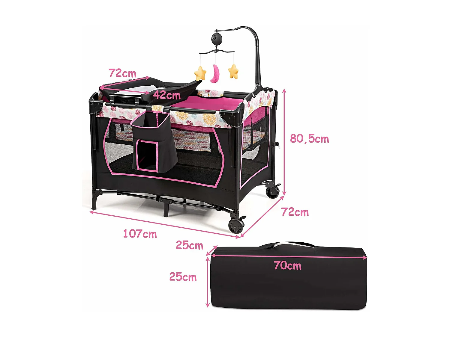 3 en 1 Lit Parapluie pour Bébé avec Arceau de Jeu en Tissu Oxford avec Centre Musical et Table à Langer pour Bébé 0-36 Mois Hauteur Réglable