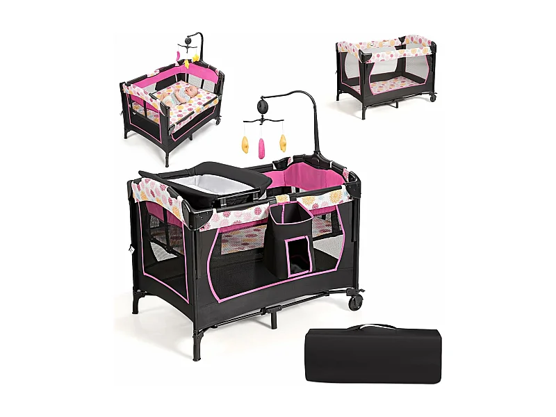 3 en 1 Lit Parapluie pour Bébé avec Arceau de Jeu en Tissu Oxford avec Centre Musical et Table à Langer pour Bébé 0-36 Mois Hauteur Réglable