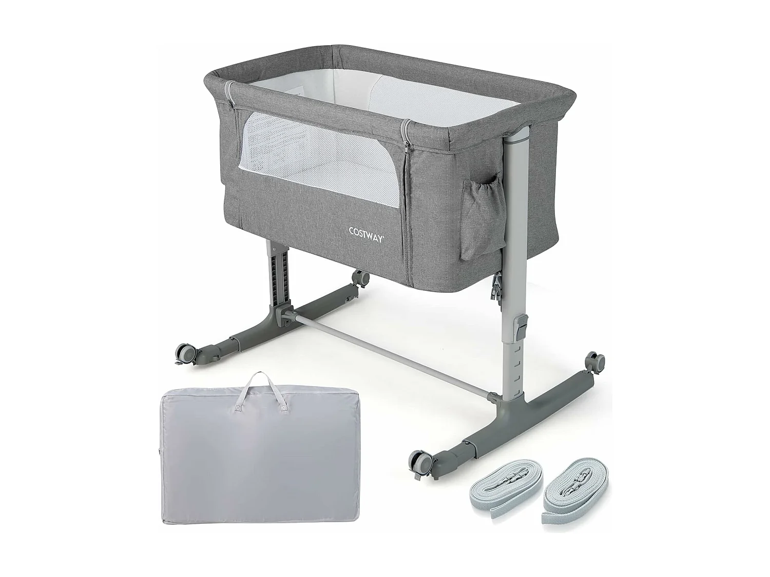 Lit Cododo Bébé 3 en 1 avec Hauteur Réglable 5 Niveaux, Lit Berceau Inclinaison de 10° avec Matelas Confortable,Maille Respirante,Charge 9KG,Sac de Voyage pour Bébé 0-5 Mois, Gris Clair