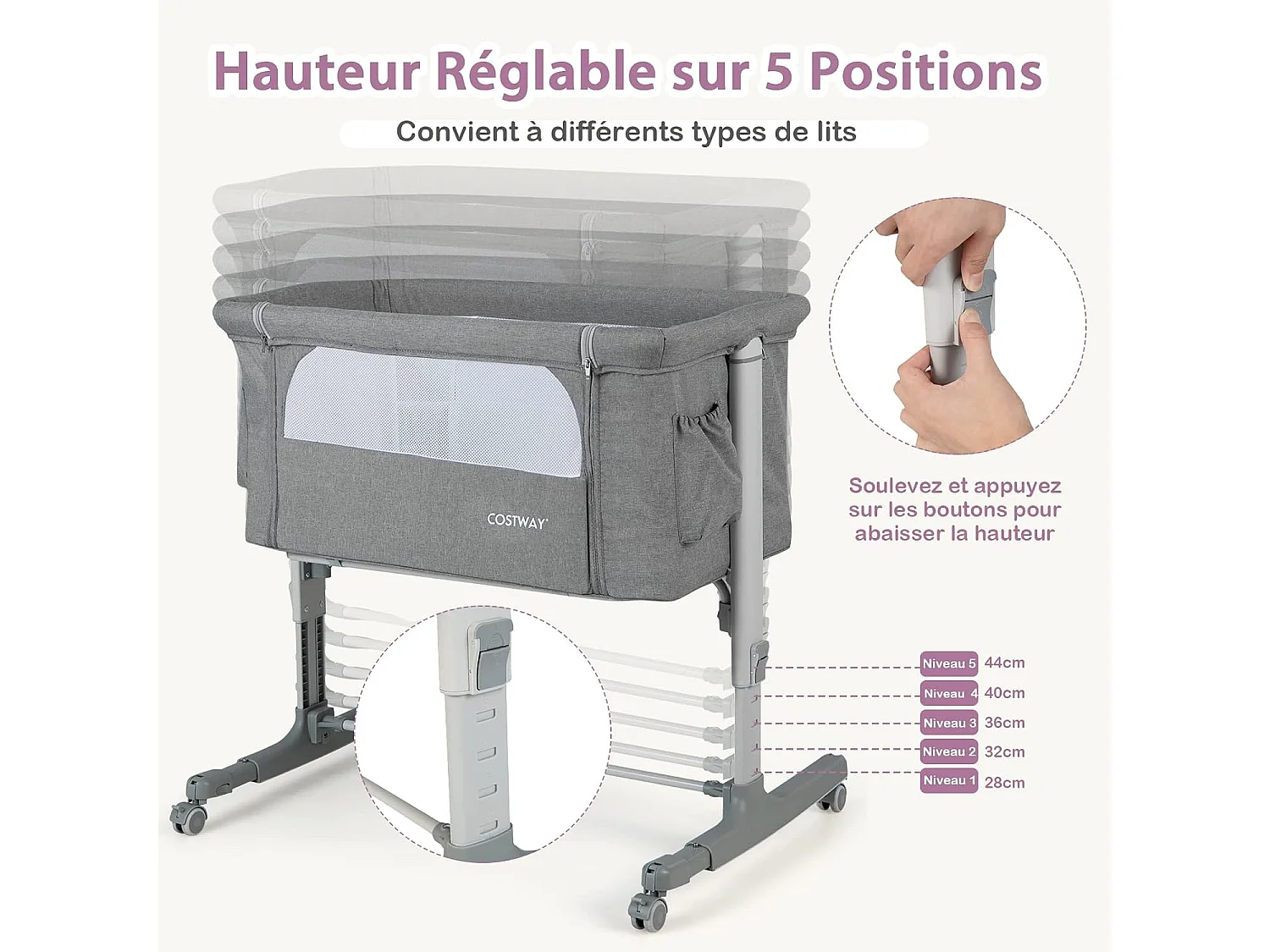 Lit Cododo Bébé 3 en 1 avec Hauteur Réglable 5 Niveaux, Lit Berceau Inclinaison de 10° avec Matelas Confortable,Maille Respirante,Charge 9KG,Sac de Voyage pour Bébé 0-5 Mois, Gris Clair