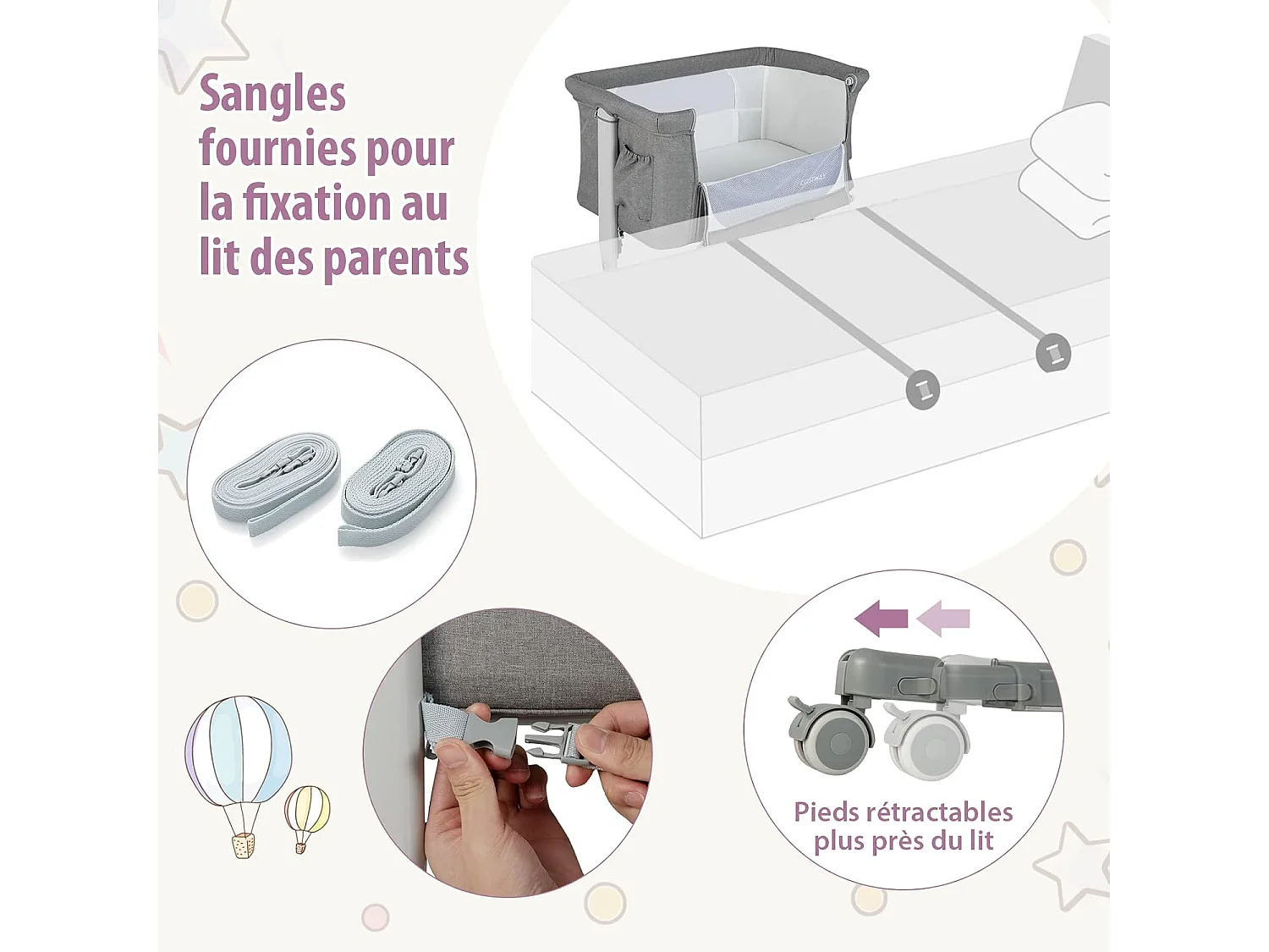 Lit Cododo Bébé 3 en 1 avec Hauteur Réglable 5 Niveaux, Lit Berceau Inclinaison de 10° avec Matelas Confortable,Maille Respirante,Charge 9KG,Sac de Voyage pour Bébé 0-5 Mois, Gris Clair