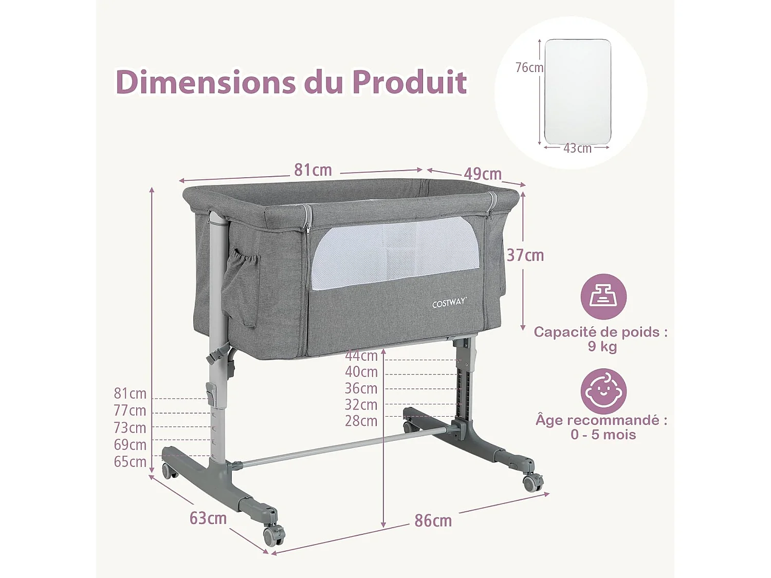 Lit Cododo Bébé 3 en 1 avec Hauteur Réglable 5 Niveaux, Lit Berceau Inclinaison de 10° avec Matelas Confortable,Maille Respirante,Charge 9KG,Sac de Voyage pour Bébé 0-5 Mois, Gris Clair